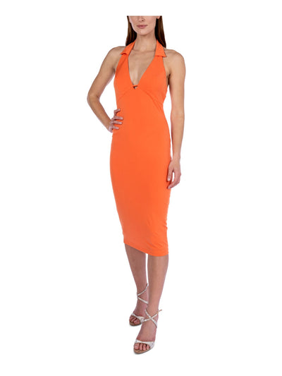 B DARLIN Womens Orange Cut Out Pullover Collared Lined Sleeveless Halter Midi Party Body Con Dress L