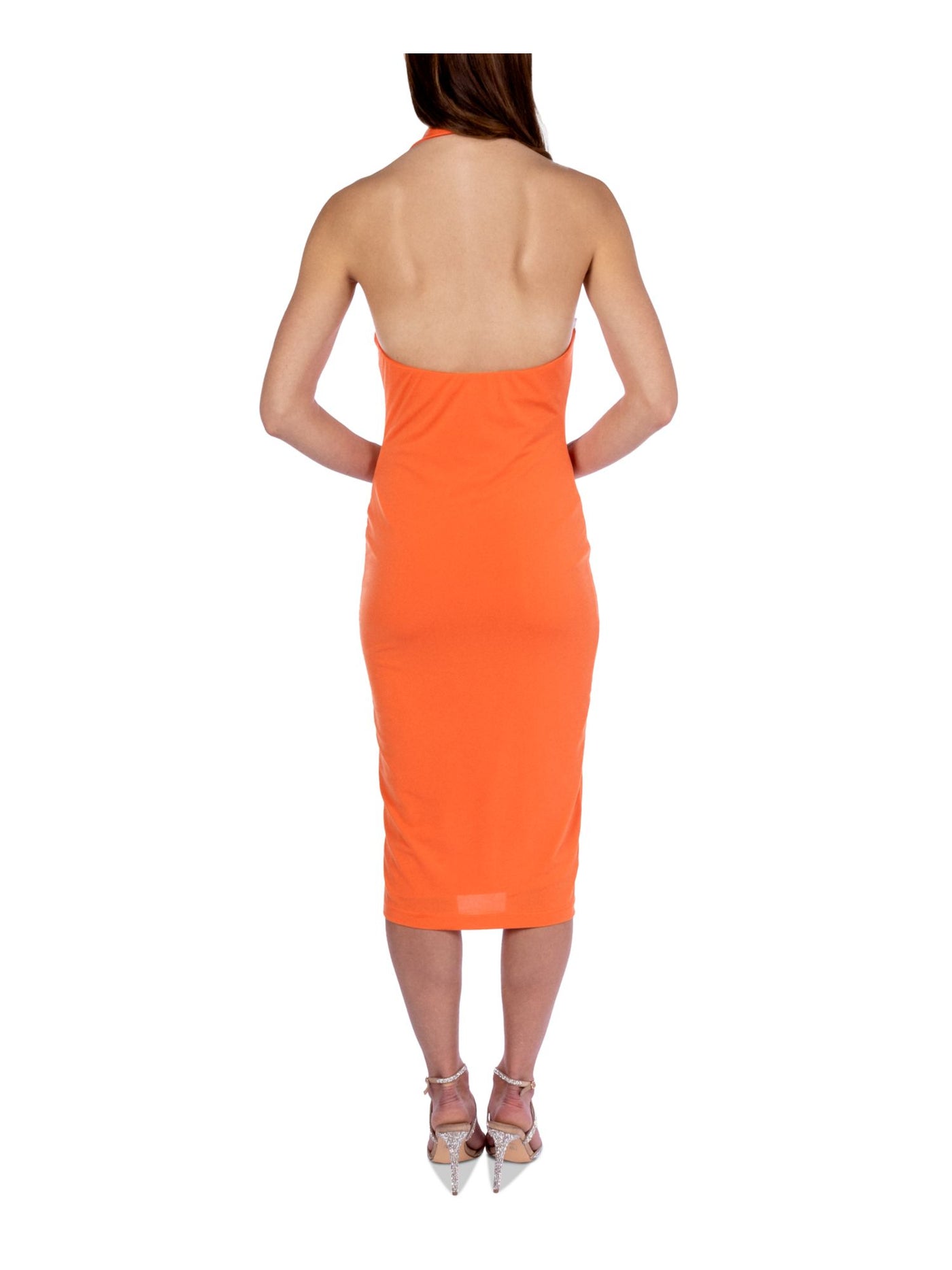 B DARLIN Womens Orange Cut Out Pullover Collared Lined Sleeveless Halter Midi Party Body Con Dress XXS