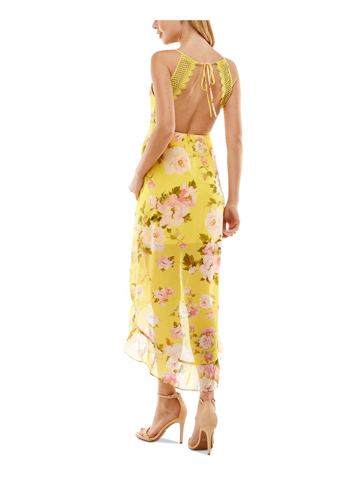 CITY STUDIO Womens Yellow Sheer Open Back Tie Lined Crochet Trim Hi-lo Hem Floral Spaghetti Strap V Neck Midi Empire Waist Dress L