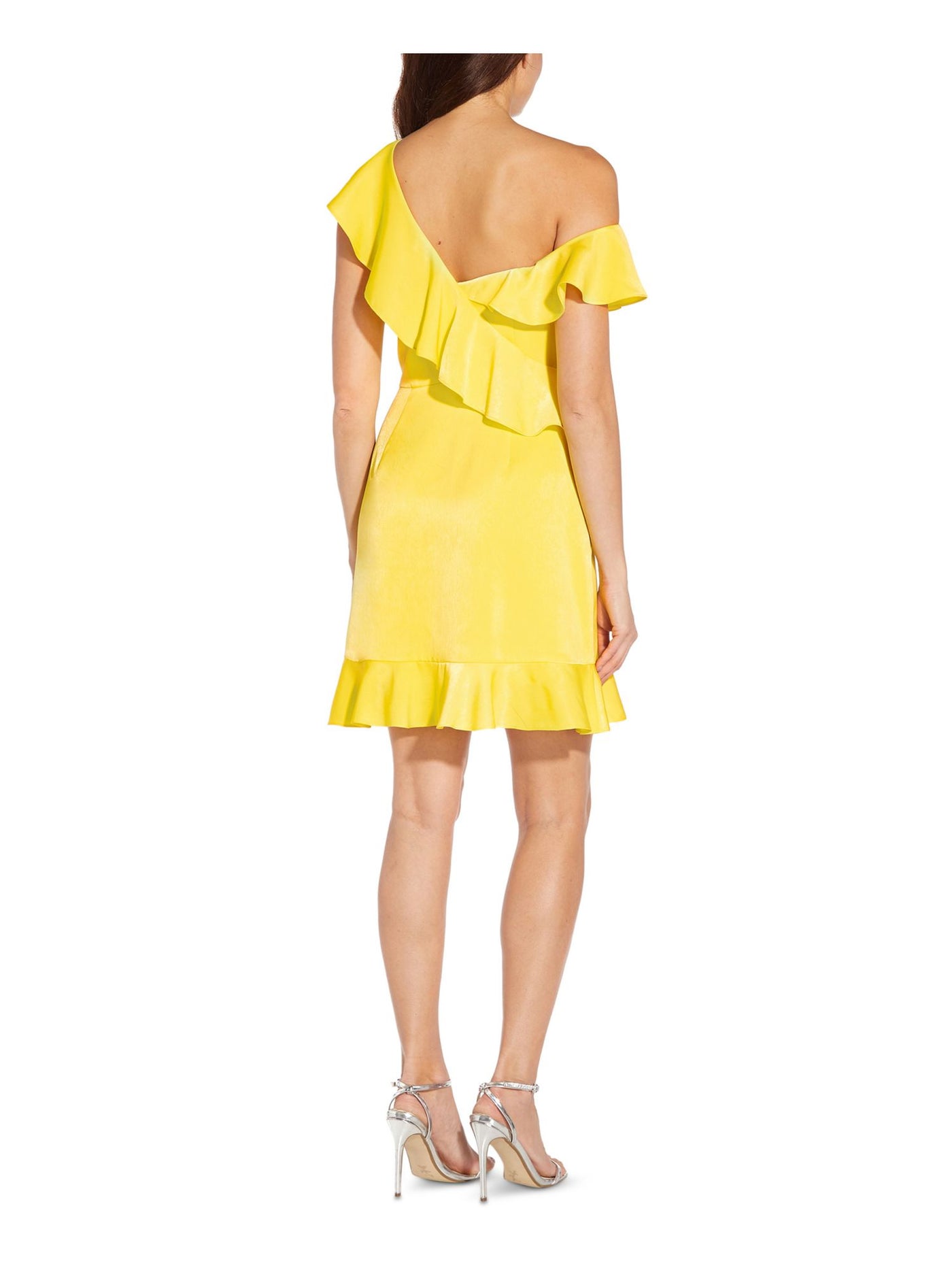 AIDAN AIDAN MATTOX Womens Yellow Ruffled Zippered Lined Flutter Sleeve Asymmetrical Neckline Above The Knee Party A-Line Dress 14