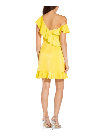 AIDAN AIDAN MATTOX Womens Yellow Ruffled Zippered Lined Flutter Sleeve Asymmetrical Neckline Above The Knee Party A-Line Dress 14