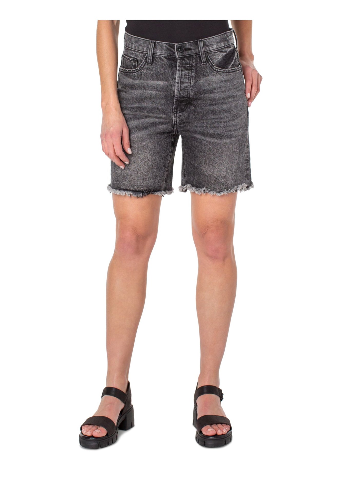 EARNEST SEWN NEW YORK Womens Gray Denim Frayed Pocketed Button Fly High Waist Shorts 25