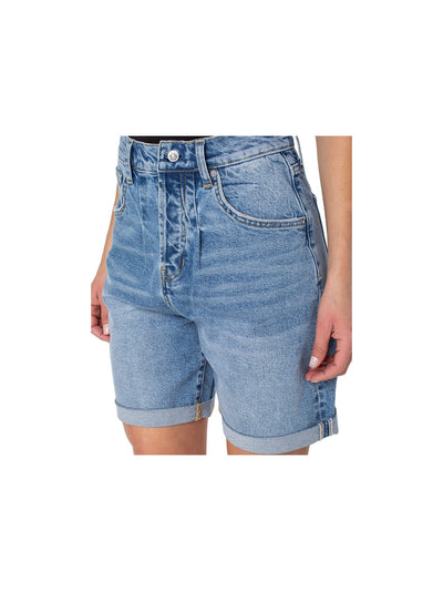 EARNEST SEWN NEW YORK Womens Blue Denim Pocketed Pleated Rolled Cuffs Button Fly High Waist Shorts 29