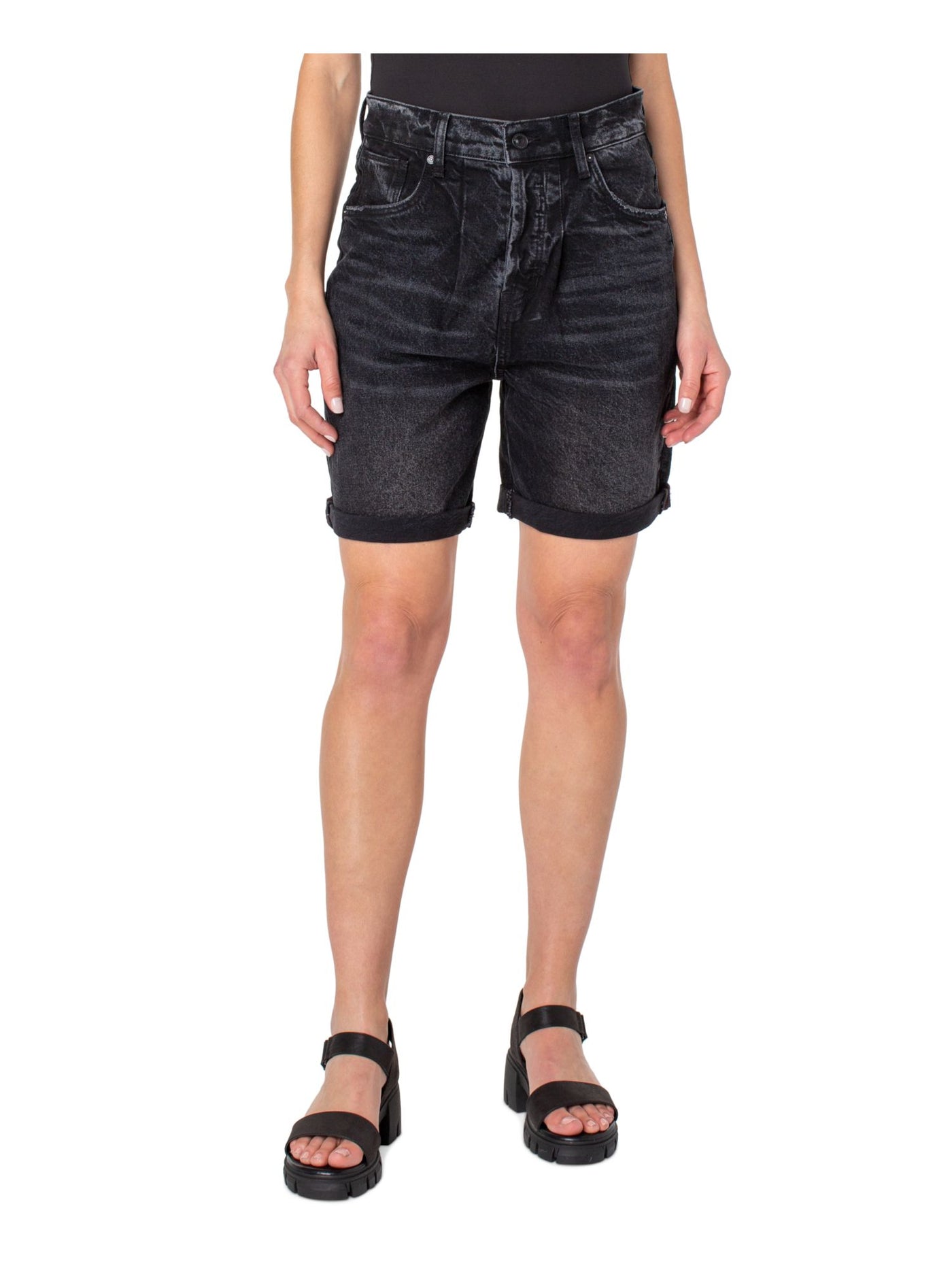 EARNEST SEWN NEW YORK Womens Black Pocketed Pleated Cuffed Hem High Waist Shorts 32 Waist