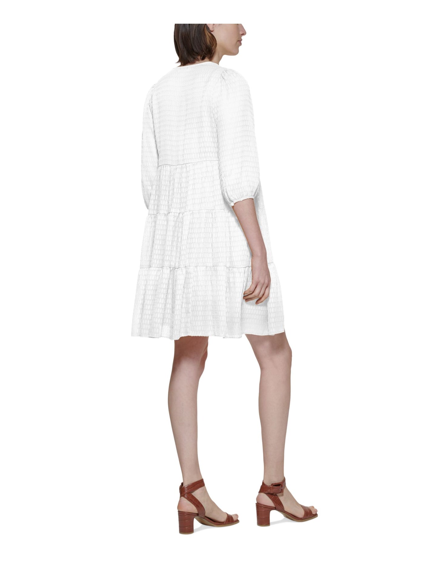 CALVIN KLEIN Womens White Sheer Metallic Tie Faux-wrap Styling Tiered 3/4 Sleeve V Neck Above The Knee A-Line Dress 4