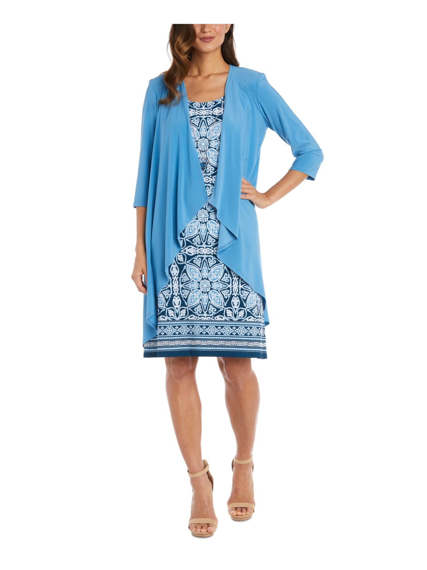 R&M RICHARDS Womens Blue 3/4 Sleeve Open Front Waterfall Cardigan 14