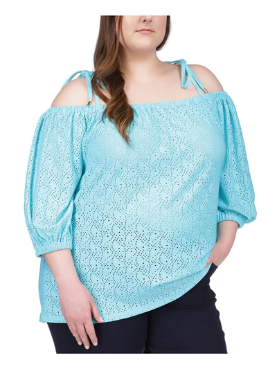 MICHAEL KORS Womens Turquoise Eyelet Sheer Tie Straps 3/4 Sleeve Off Shoulder Top Plus 2X