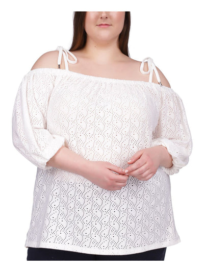MICHAEL MICHAEL KORS Womens White Eyelet Sheer Tie Straps 3/4 Sleeve Off Shoulder Top Plus 3X
