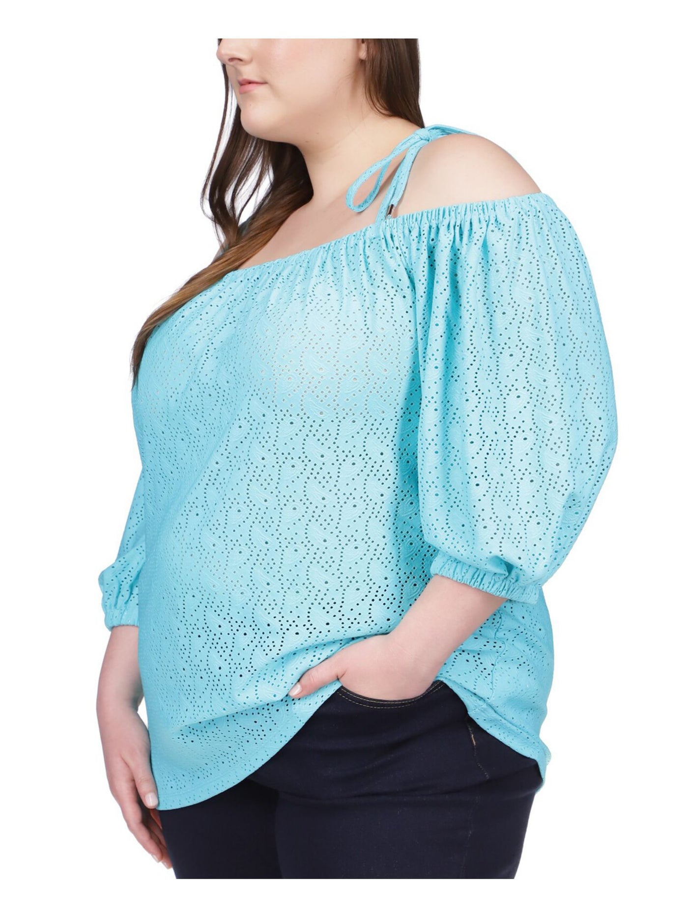 MICHAEL KORS Womens Turquoise Eyelet Sheer Tie Straps 3/4 Sleeve Off Shoulder Top Plus 0X