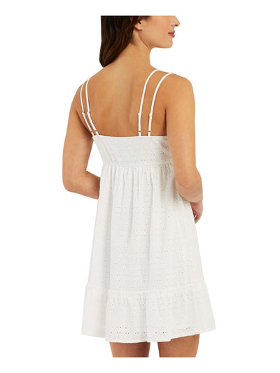 BCX Womens White Eyelet Ruffled Pullover Lined Spaghetti Strap Sweetheart Neckline Short Party A-Line Dress L