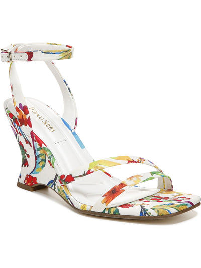 FRANCO SARTO Womens White Floral Padded Adjustable Strap Ankle Strap Franca Square Toe Wedge Buckle Heeled Sandal 7.5 M