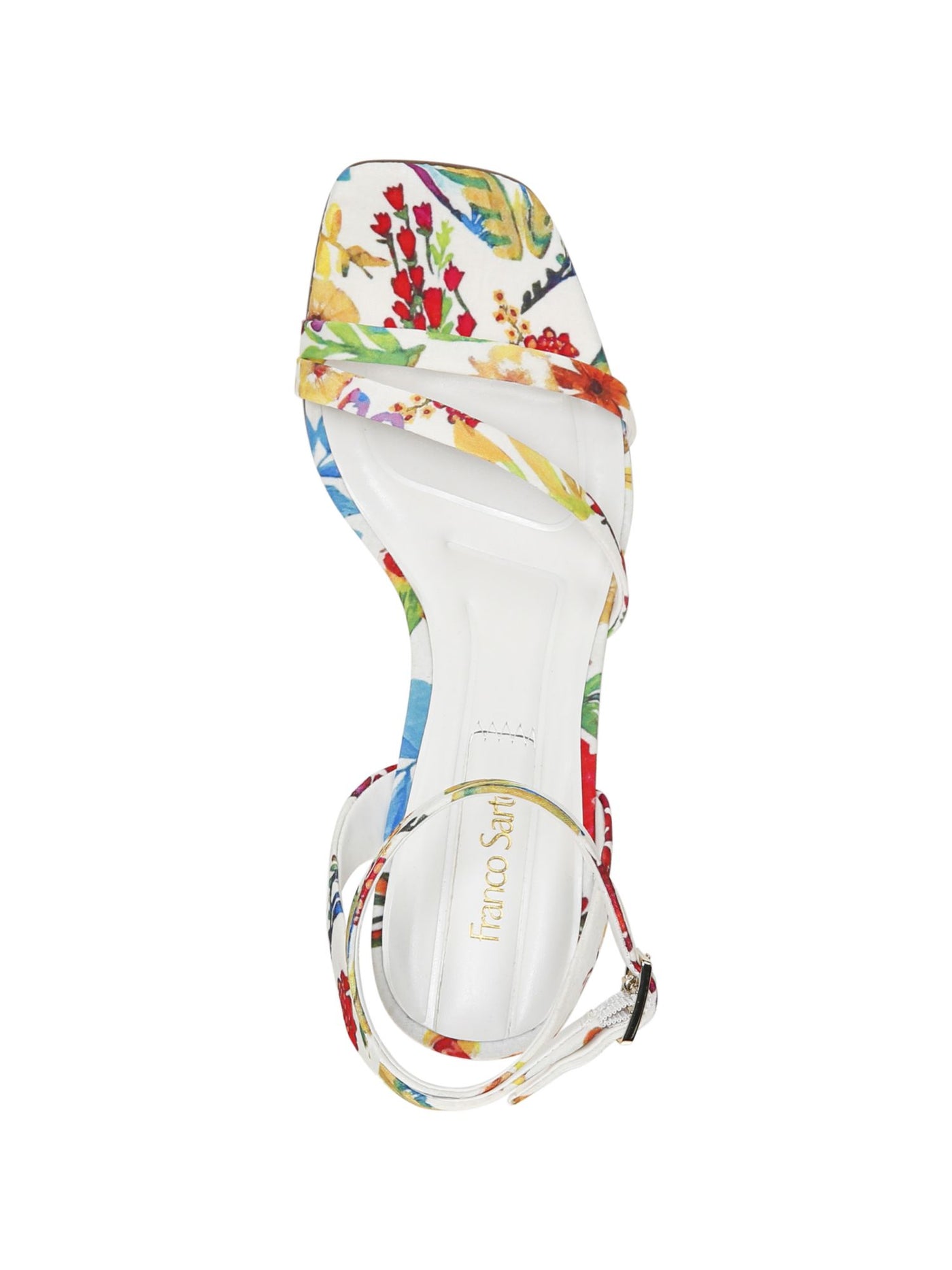 FRANCO SARTO Womens White Floral Padded Adjustable Strap Ankle Strap Franca Square Toe Wedge Buckle Heeled Sandal 7 M