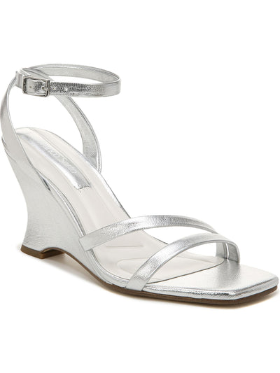 FRANCO SARTO Womens Silver Textured Metallic Padded Adjustable Ankle Strap Franca Square Toe Wedge Buckle Dress Heeled Sandal 11 M