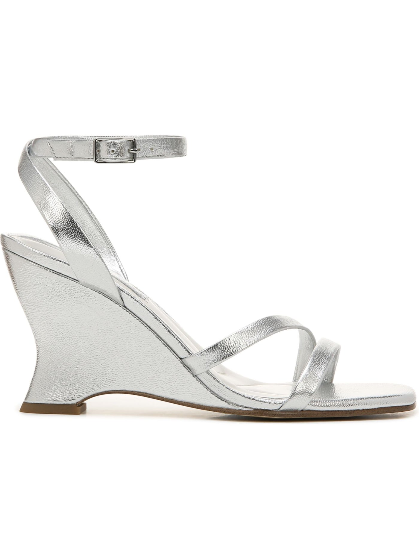 FRANCO SARTO Womens Silver Textured Metallic Padded Adjustable Ankle Strap Franca Square Toe Wedge Buckle Dress Heeled Sandal 11 M