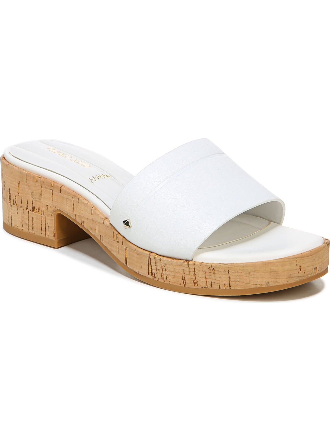 FRANCO SARTO Womens White Cork 1" Platform Padded Studded Pony Round Toe Block Heel Slip On Leather Heeled Sandal 6 M