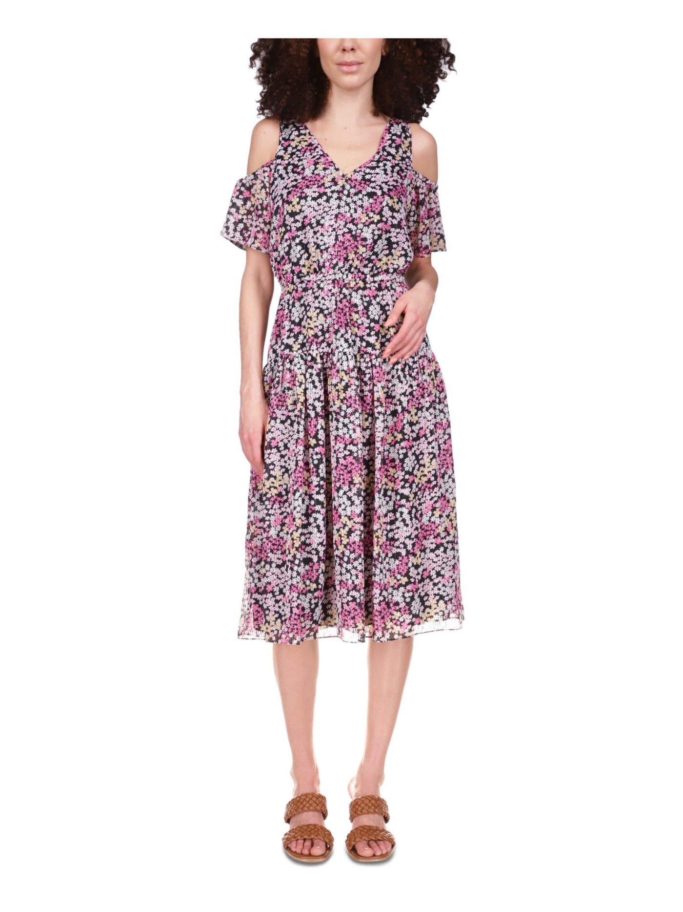 MICHAEL MICHAEL KORS Womens Black Metallic Cold Shoulder Tiered Floral Short Sleeve V Neck Midi Fit + Flare Dress Petites P\M