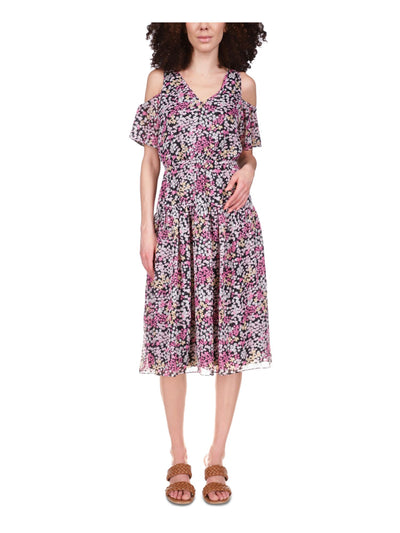 MICHAEL MICHAEL KORS Womens Black Metallic Cold Shoulder Tiered Floral Short Sleeve V Neck Midi Fit + Flare Dress Petites P\M