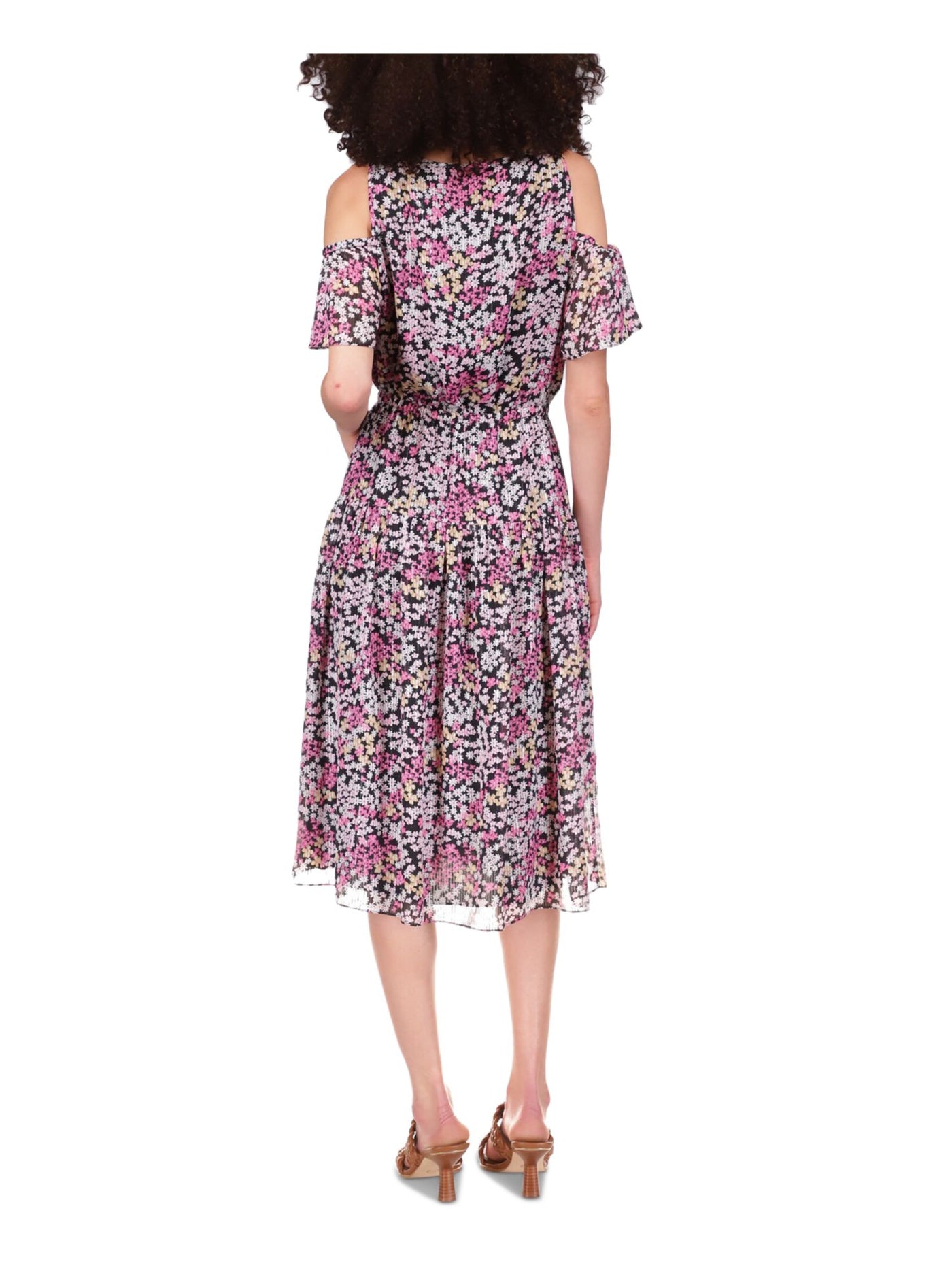MICHAEL MICHAEL KORS Womens Black Cold Shoulder Elastic Waist Tiered Skirt Lined Short Sleeve Crew Neck Midi Party Fit + Flare Dress XS
