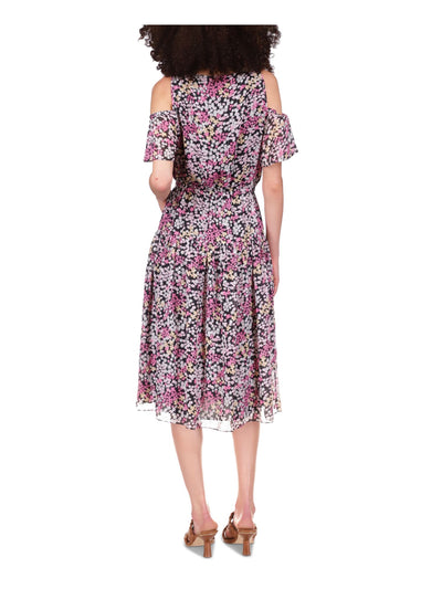 MICHAEL MICHAEL KORS Womens Black Cold Shoulder Elastic Waist Tiered Skirt Lined Short Sleeve Crew Neck Midi Party Fit + Flare Dress XS