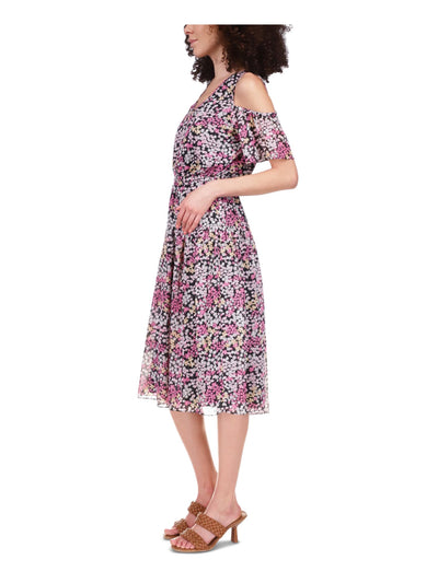 MICHAEL MICHAEL KORS Womens Black Metallic Cold Shoulder Tiered Floral Short Sleeve V Neck Midi Fit + Flare Dress Petites P\M