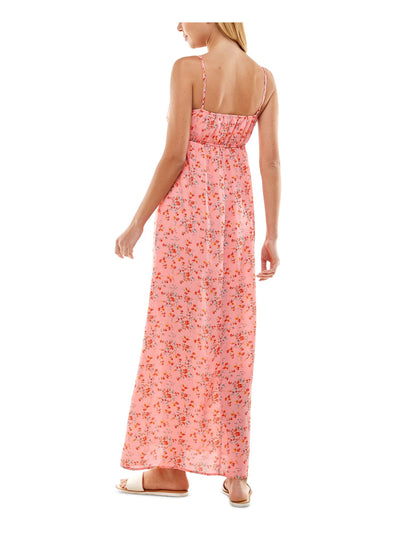 CITY STUDIO Womens Pink Adjustable Unlined Ruffle Arm Trims Bead Bo Floral Spaghetti Strap V Neck Maxi Evening Empire Waist Dress XS