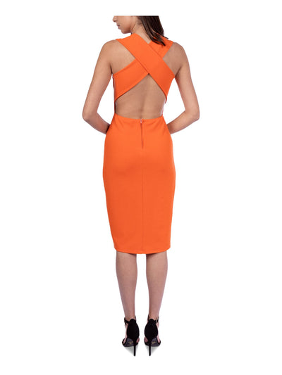 B DARLIN Womens Orange Zippered Slitted Crisscross Back Unlined Darted Sleeveless V Neck Knee Length Cocktail Body Con Dress 1\2