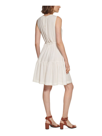 CALVIN KLEIN Womens White Textured Back Keyhole Drawstring Waist Sleeveless Round Neck Above The Knee Fit + Flare Dress 6