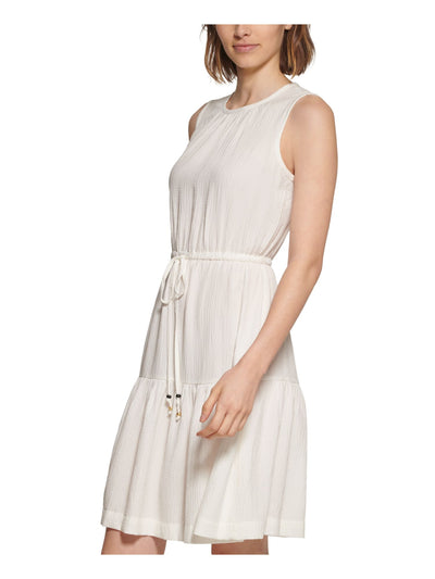 CALVIN KLEIN Womens White Textured Back Keyhole Drawstring Waist Sleeveless Round Neck Above The Knee Fit + Flare Dress 6