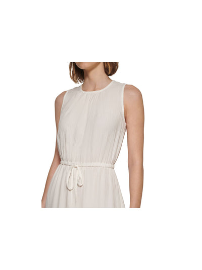 CALVIN KLEIN Womens White Textured Back Keyhole Drawstring Waist Sleeveless Round Neck Above The Knee Fit + Flare Dress 2