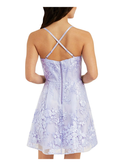 BCX DRESS Womens Purple Zippered Pleated Embroidered Crisscross Lined Floral Spaghetti Strap V Neck Above The Knee Party Fit + Flare Dress Juniors 1