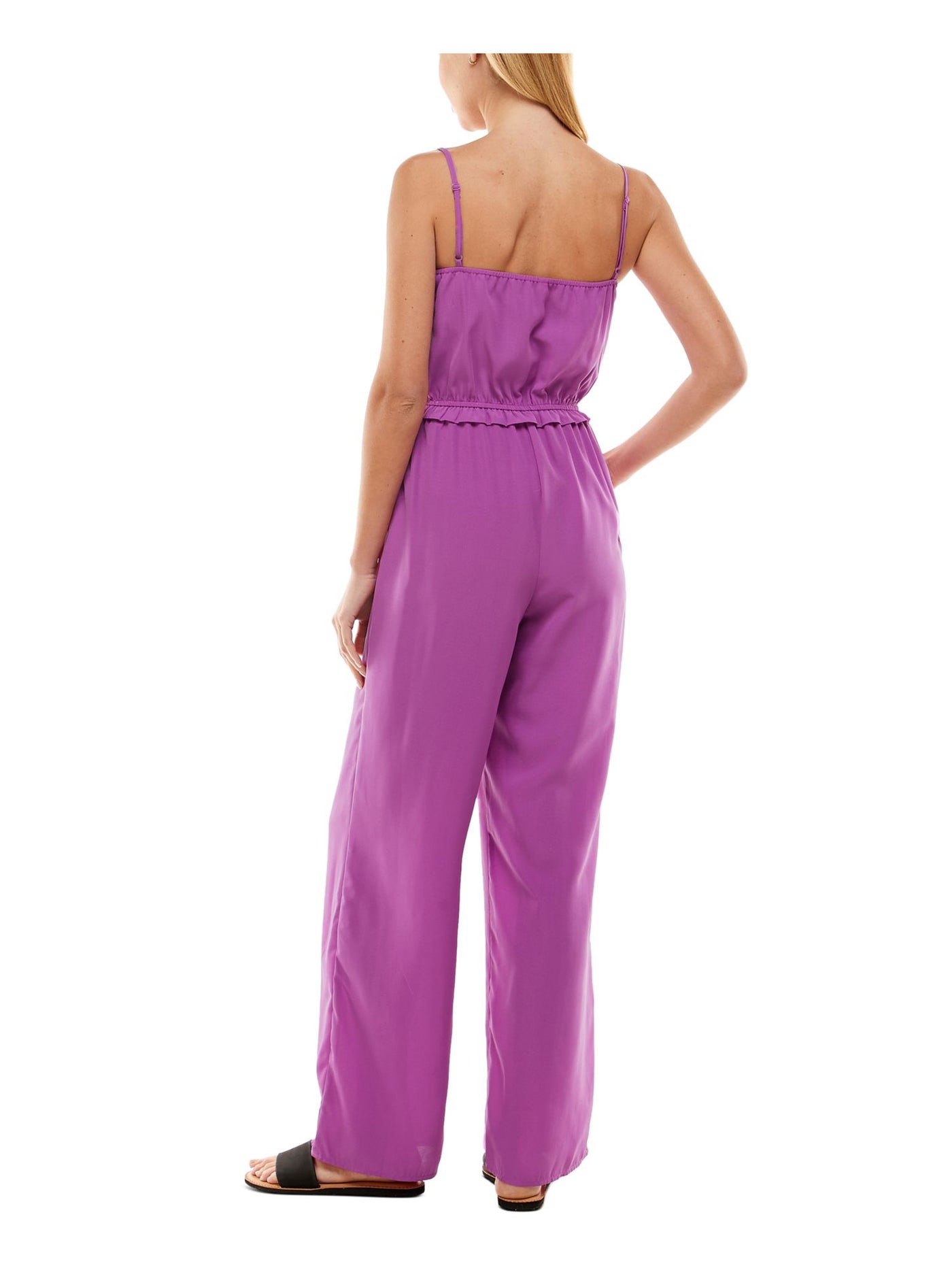 KINGSTON GREY Womens Purple Ruffled Adjustable Spaghetti Strap Surplice Neckline Wide Leg Jumpsuit M