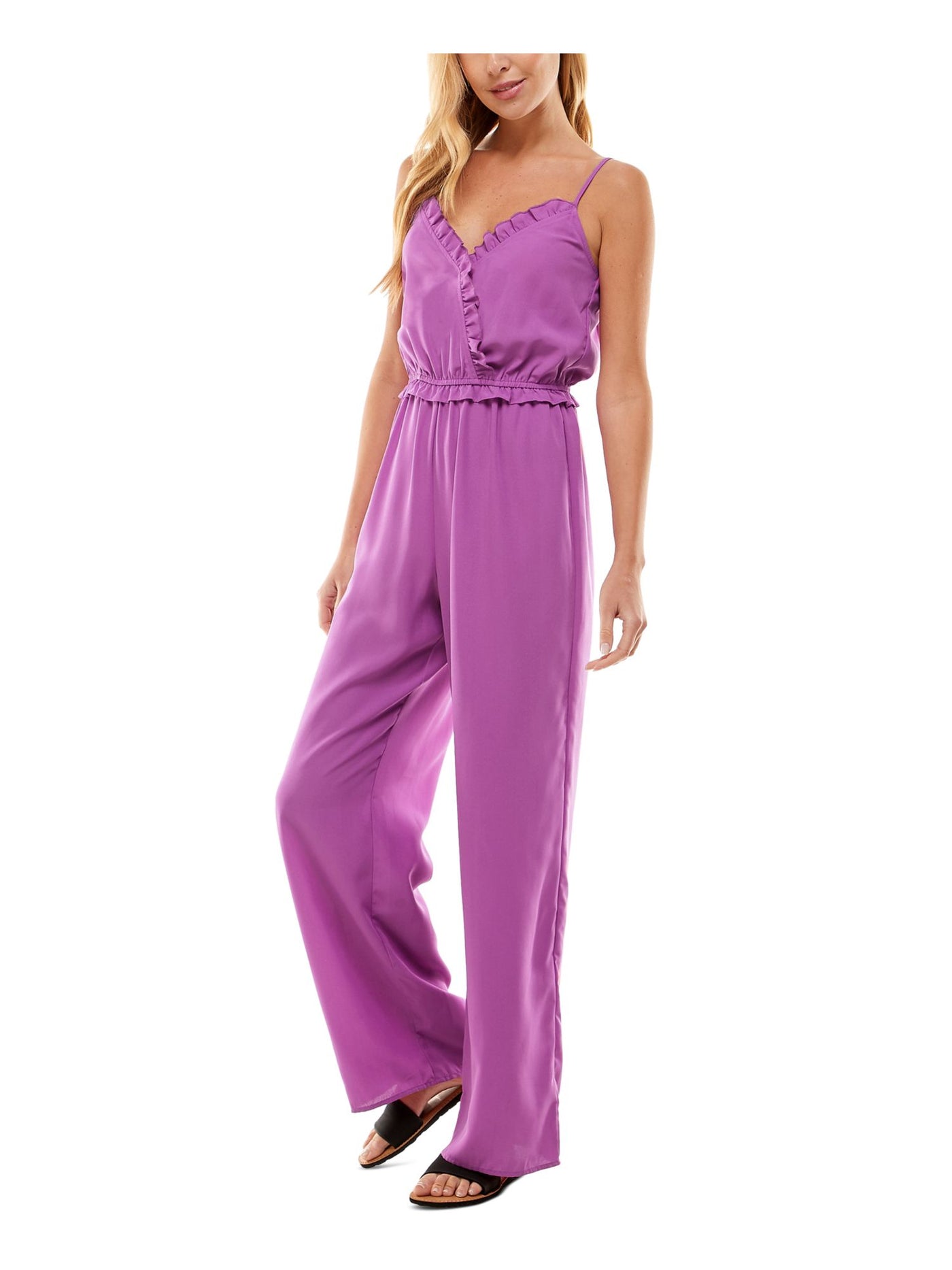 KINGSTON GREY Womens Purple Ruffled Adjustable Spaghetti Strap Surplice Neckline Wide Leg Jumpsuit M