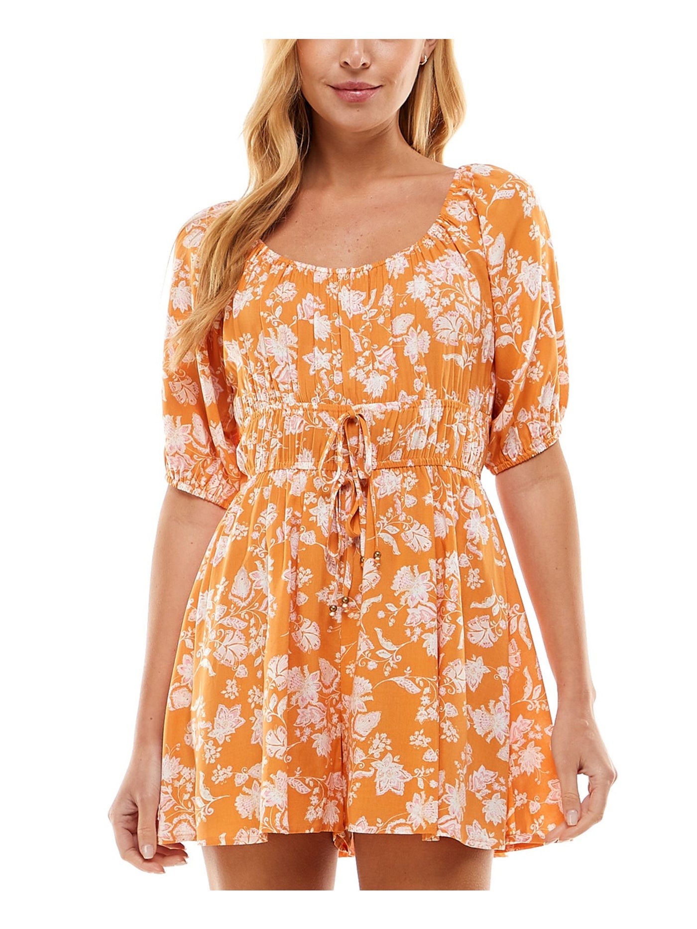 BEBOP Womens Orange Floral Elbow Sleeve Scoop Neck Wide Leg Romper S