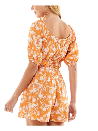 BEBOP Womens Orange Floral Elbow Sleeve Scoop Neck Wide Leg Romper S