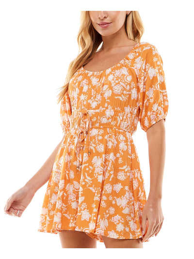 BEBOP Womens Orange Floral Elbow Sleeve Scoop Neck Wide Leg Romper S