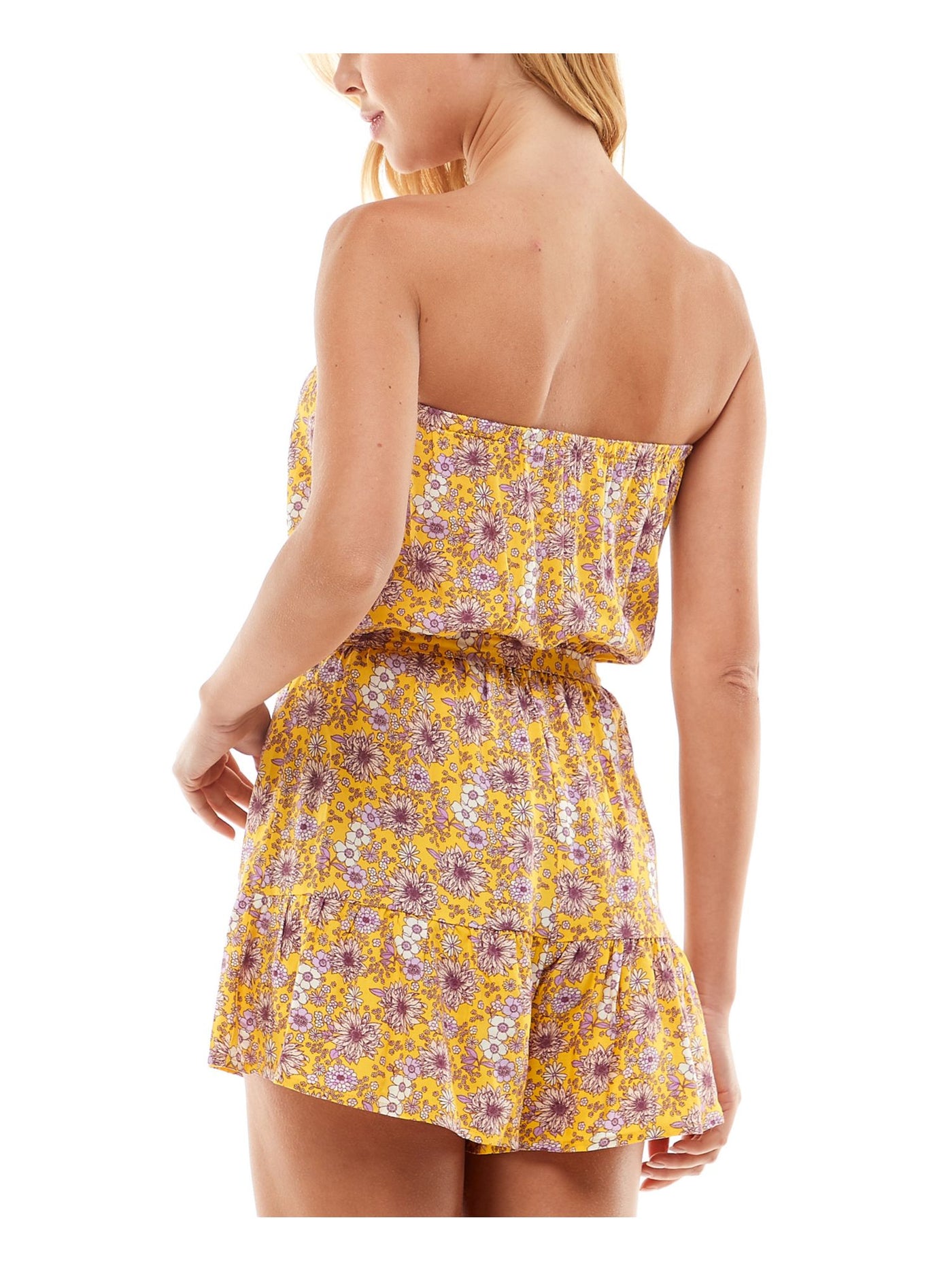 BEBOP Womens Yellow Tie Ruffled Sheer Unlined Floral Sleeveless Strapless Wide Leg Romper XS