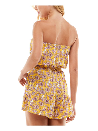 BEBOP Womens Yellow Tie Ruffled Sheer Unlined Floral Sleeveless Strapless Wide Leg Romper L