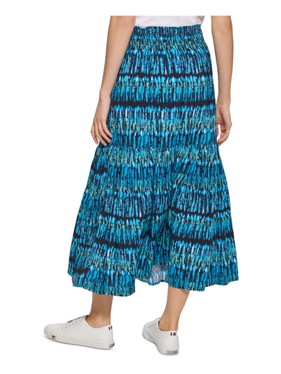 TOMMY HILFIGER Womens Blue Smocked Slitted Pull On Tiered Maxi A-Line Skirt L\G