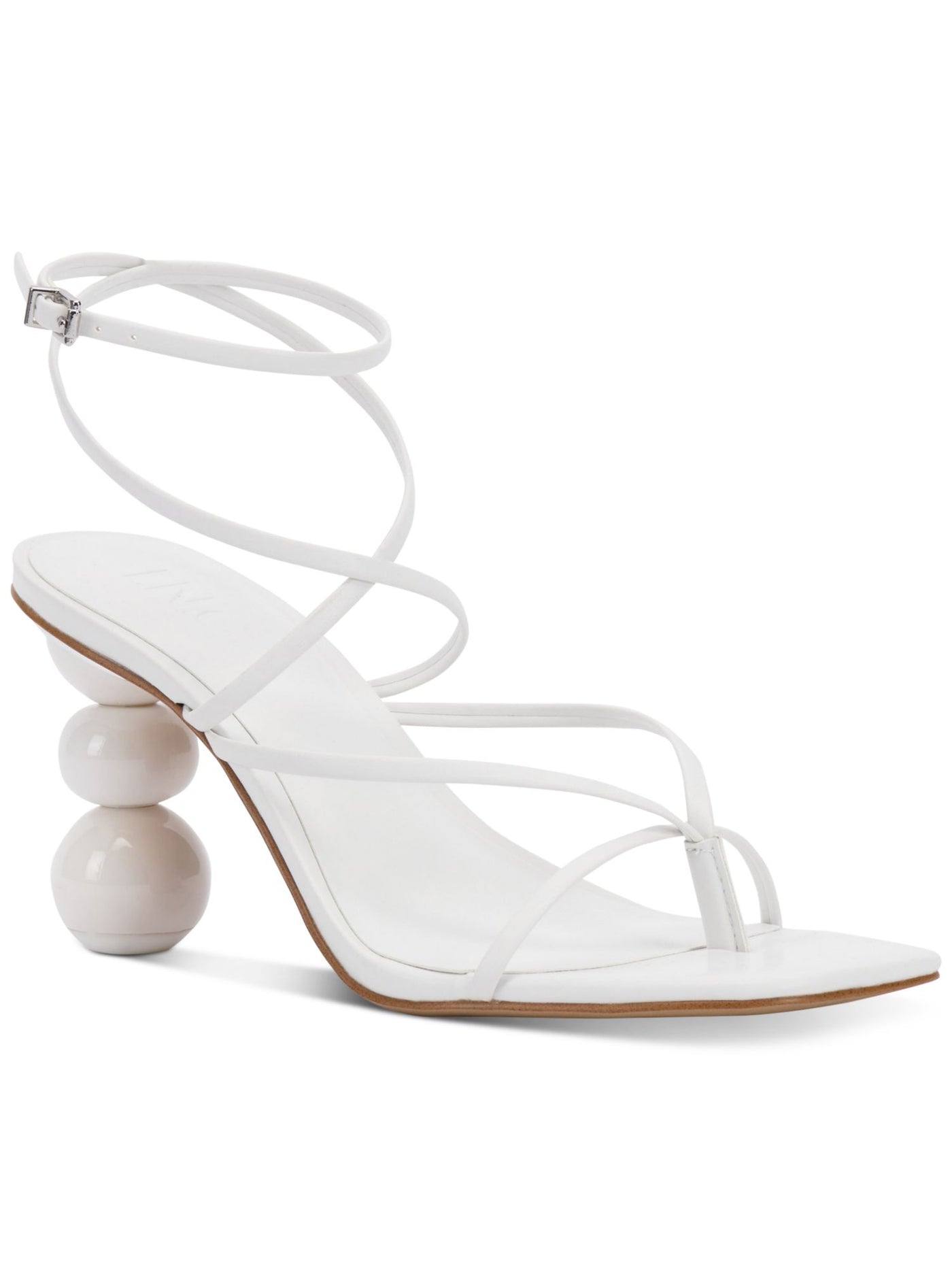 INC Womens White Strappy Stacked Sphere Metallic Accent Heel Padded Ankle Strap Lilliana Square Toe Sculpted Heel Buckle Heeled Sandal 5.5 M