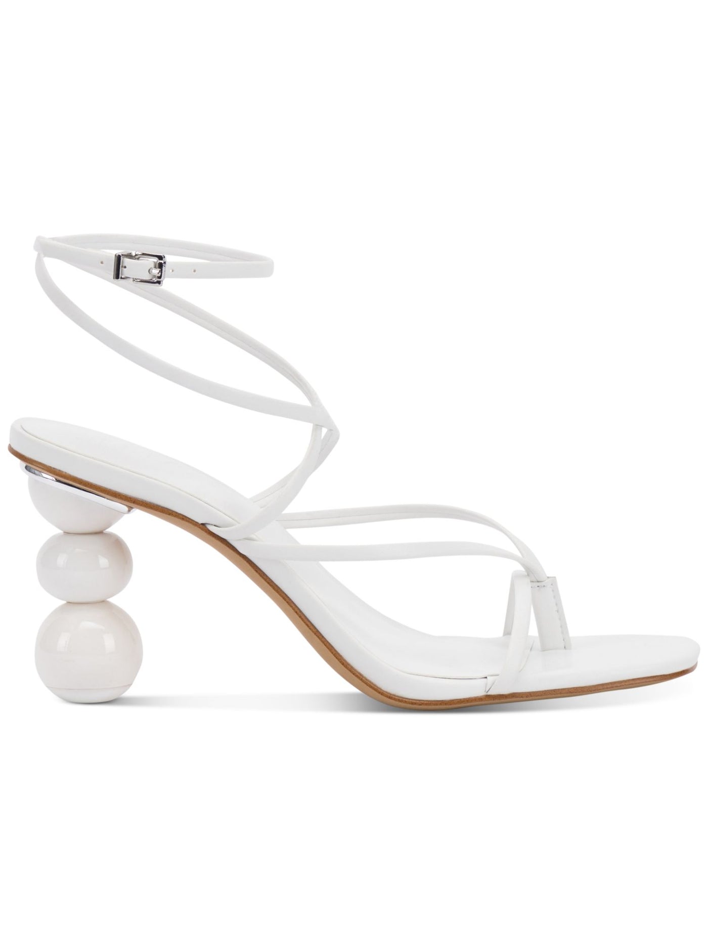 INC Womens White Strappy Stacked Sphere Metallic Accent Heel Padded Ankle Strap Lilliana Square Toe Sculpted Heel Buckle Heeled Sandal 5 M