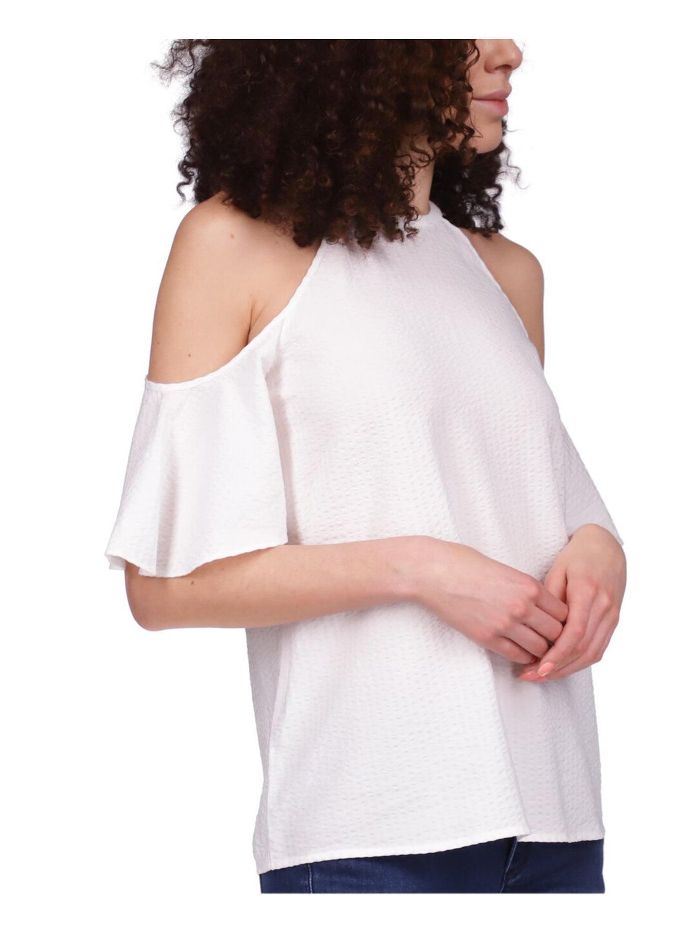 MICHAEL MICHAEL KORS Womens White Cold Shoulder Seersucker Keyhole Back Flutter Sleeve Round Neck Top Petites P\XS