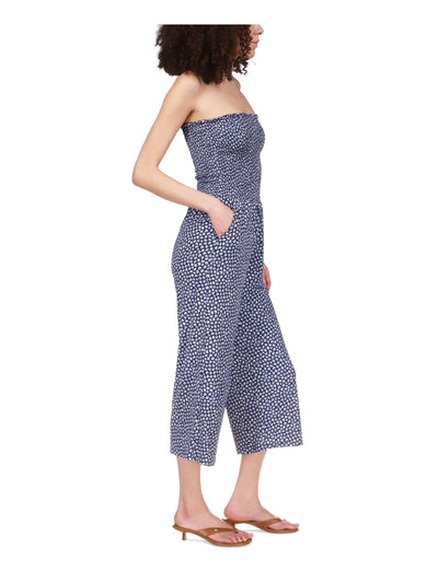 MICHAEL MICHAEL KORS Womens Navy Smocked Unlined Cropped Pull On Printed Sleeveless Strapless Wide Leg Jumpsuit XS