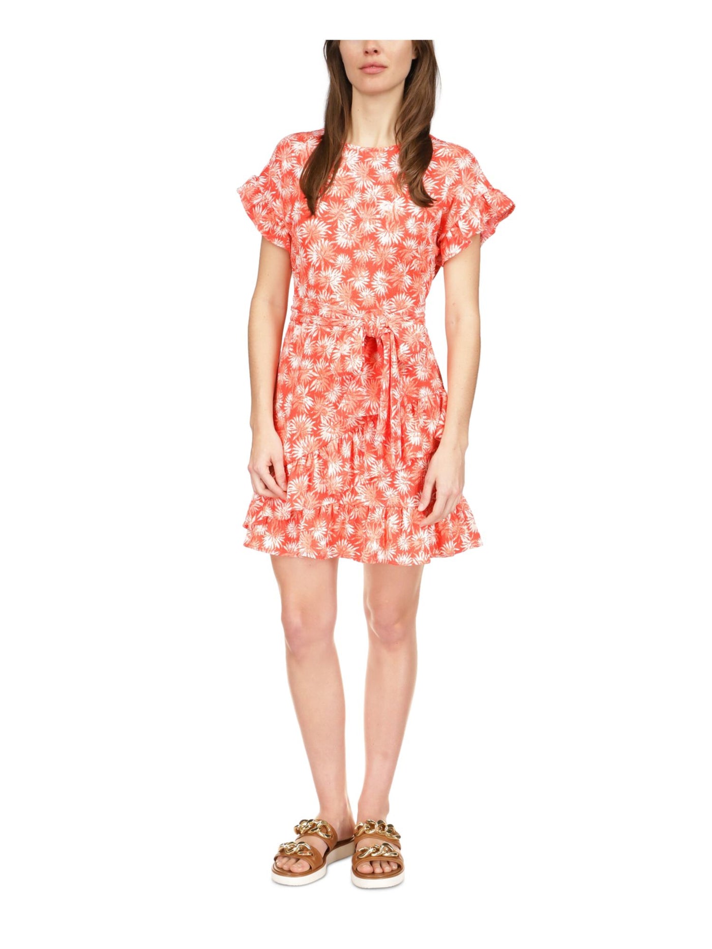 MICHAEL MICHAEL KORS Womens Orange Zippered Textured Ruffled Tiered Tie Waist Printed Short Sleeve Round Neck Short Party Fit + Flare Dress S