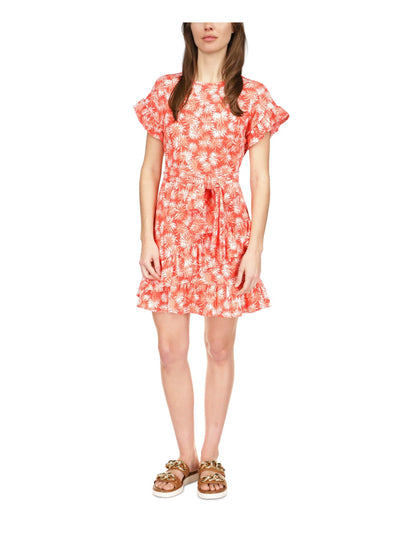 MICHAEL MICHAEL KORS Womens Orange Zippered Textured Ruffled Tiered Tie Waist Printed Short Sleeve Round Neck Short Party Fit + Flare Dress S