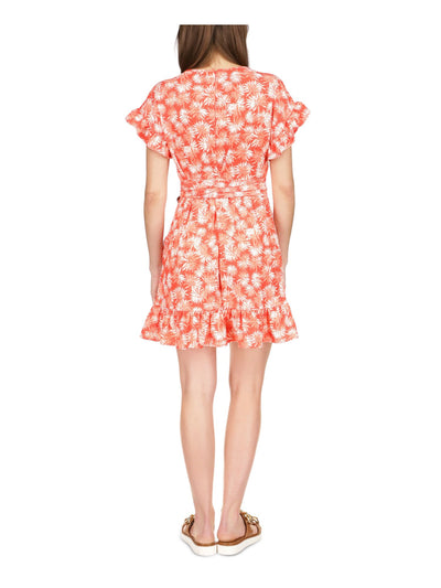 MICHAEL MICHAEL KORS Womens Orange Zippered Textured Ruffled Tiered Tie Waist Printed Short Sleeve Round Neck Short Party Fit + Flare Dress S
