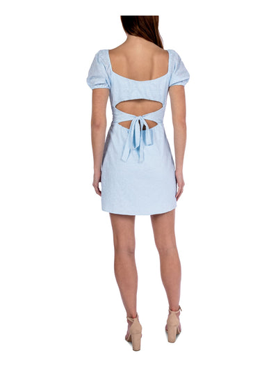 B DARLIN Womens Light Blue Zippered Cut Out Tie-back Lined Short Sleeve Square Neck Mini Party Fit + Flare Dress 13\14