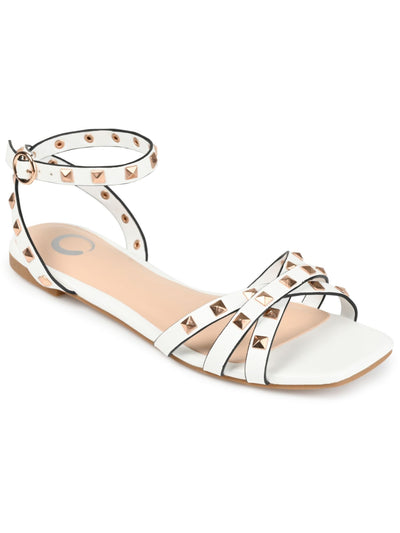 JOURNEE COLLECTION Womens White Studded Strappy Cushioned Adjustable Ankle Strap Zendaya Square Toe Block Heel Buckle Sandals Shoes 8.5 M