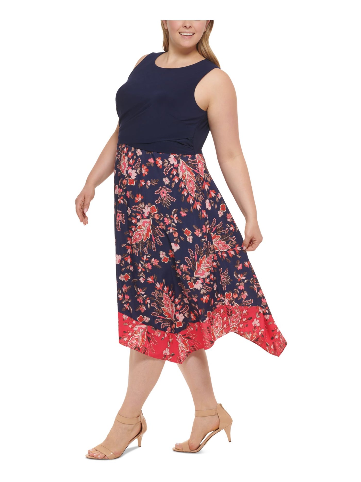 VINCE CAMUTO Womens Blue Zippered Floral Sleeveless Jewel Neck Midi Hi-Lo Dress Plus 22W