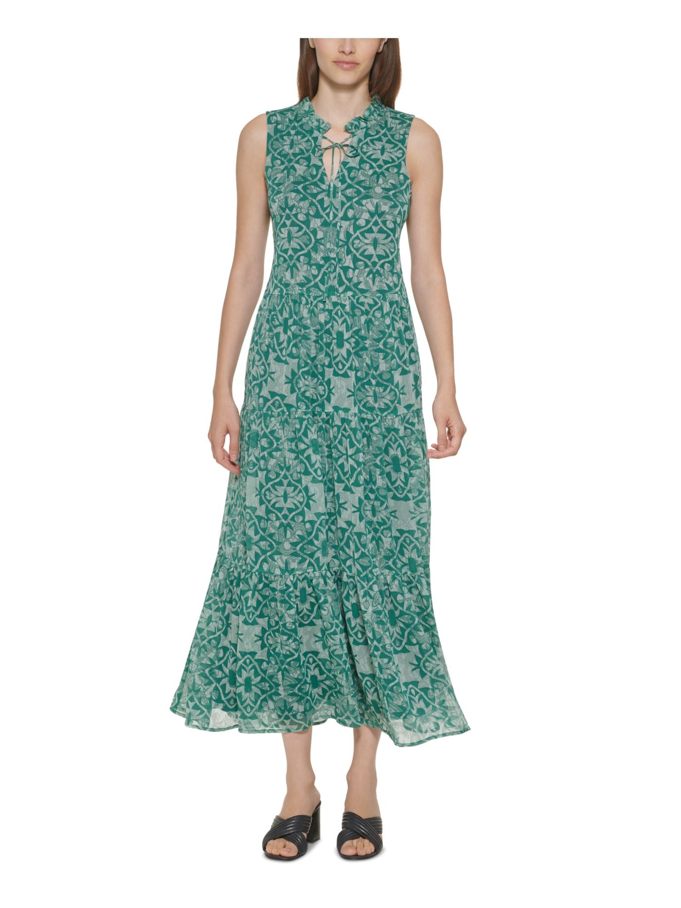 CALVIN KLEIN Womens Green Cut Out Pullover Tiered Lined Printed Sleeveless Tie Neck Maxi Wear To Work Fit + Flare Dress 2