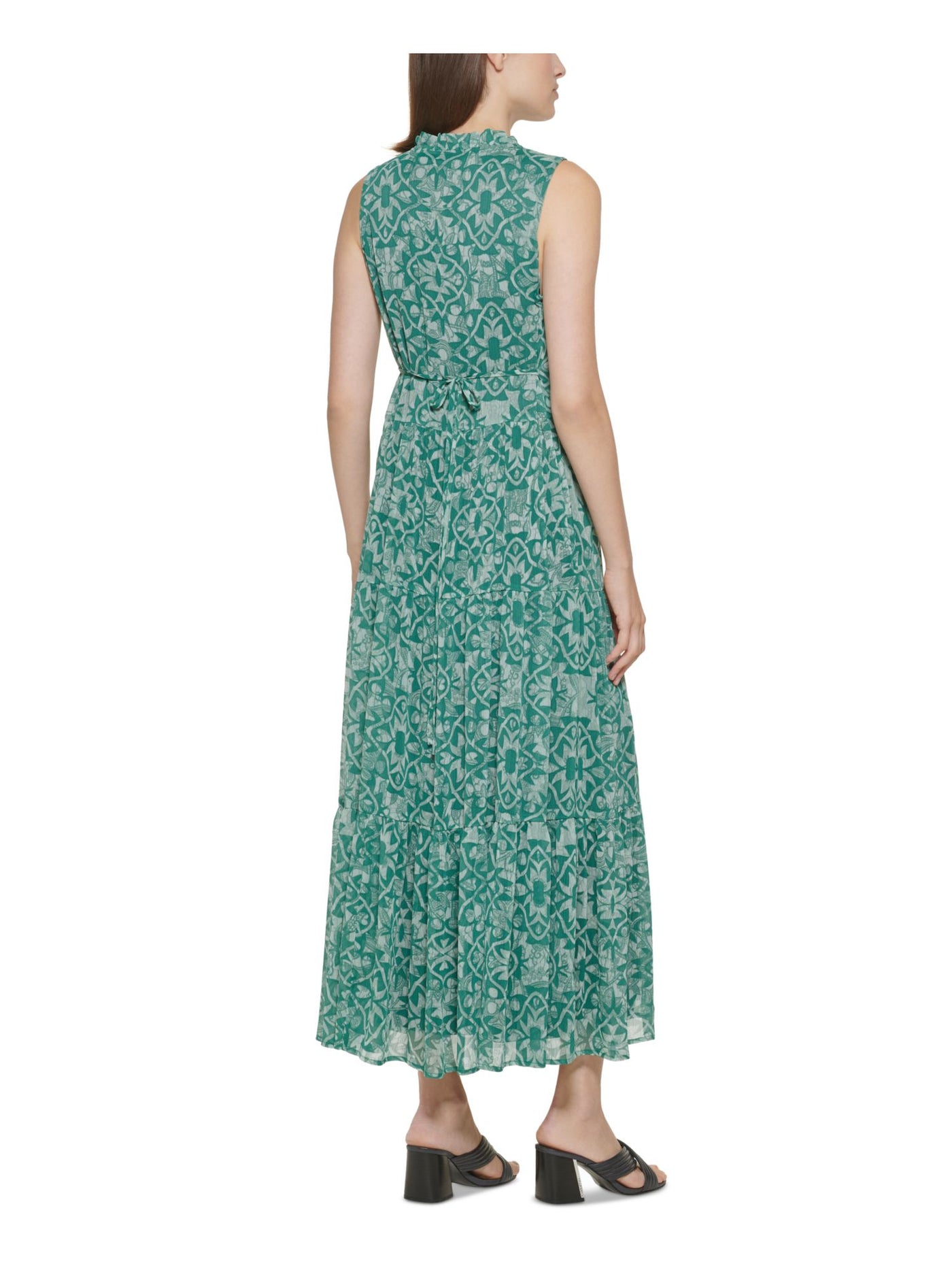 CALVIN KLEIN Womens Green Cut Out Pullover Tiered Lined Printed Sleeveless Tie Neck Maxi Wear To Work Fit + Flare Dress 2